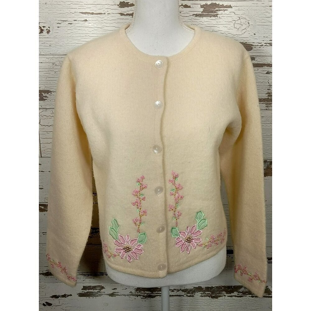VINTAGE TIMBERLEA Embroidered Beaded  Poinsettia Wool Cardigan Cream Sz S EUC